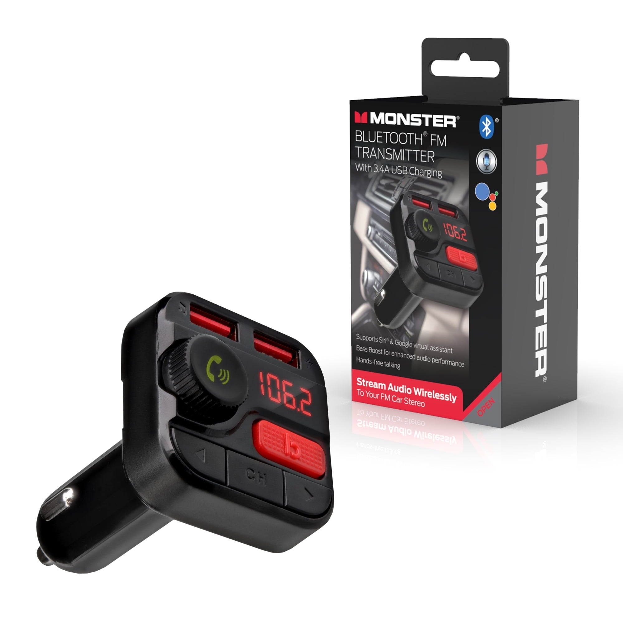 Monster LED Bluetooth FM Transmitter with 2 USB Ports, 3.4 Amp, 2 Charging Ports, Compatible USB Mobile Devices