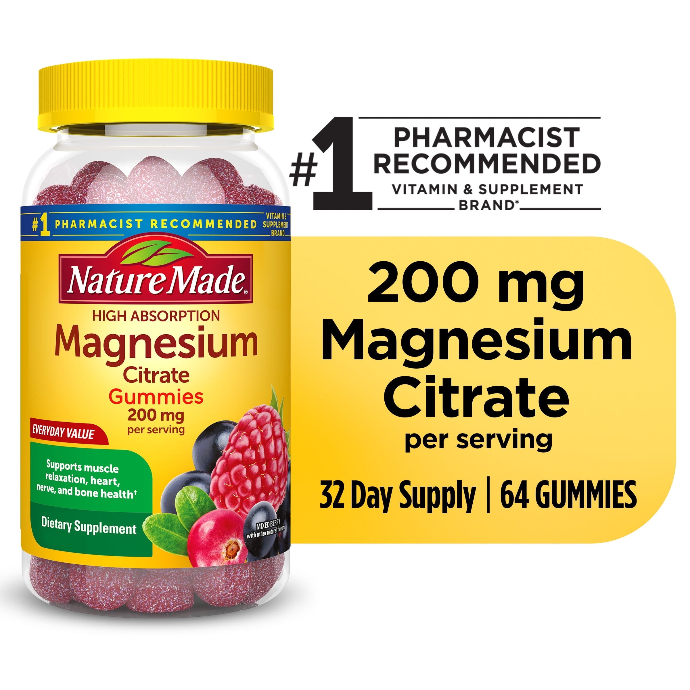 Nature Made High Absorption Magnesium Citrate 200 mg Per Serving Gummies, 64 Count