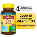 Nature Made Vitamin D3 2000 IU (50 mcg) Softgels, Dietary Supplement for Bone and Immune Health Support, 260 Count