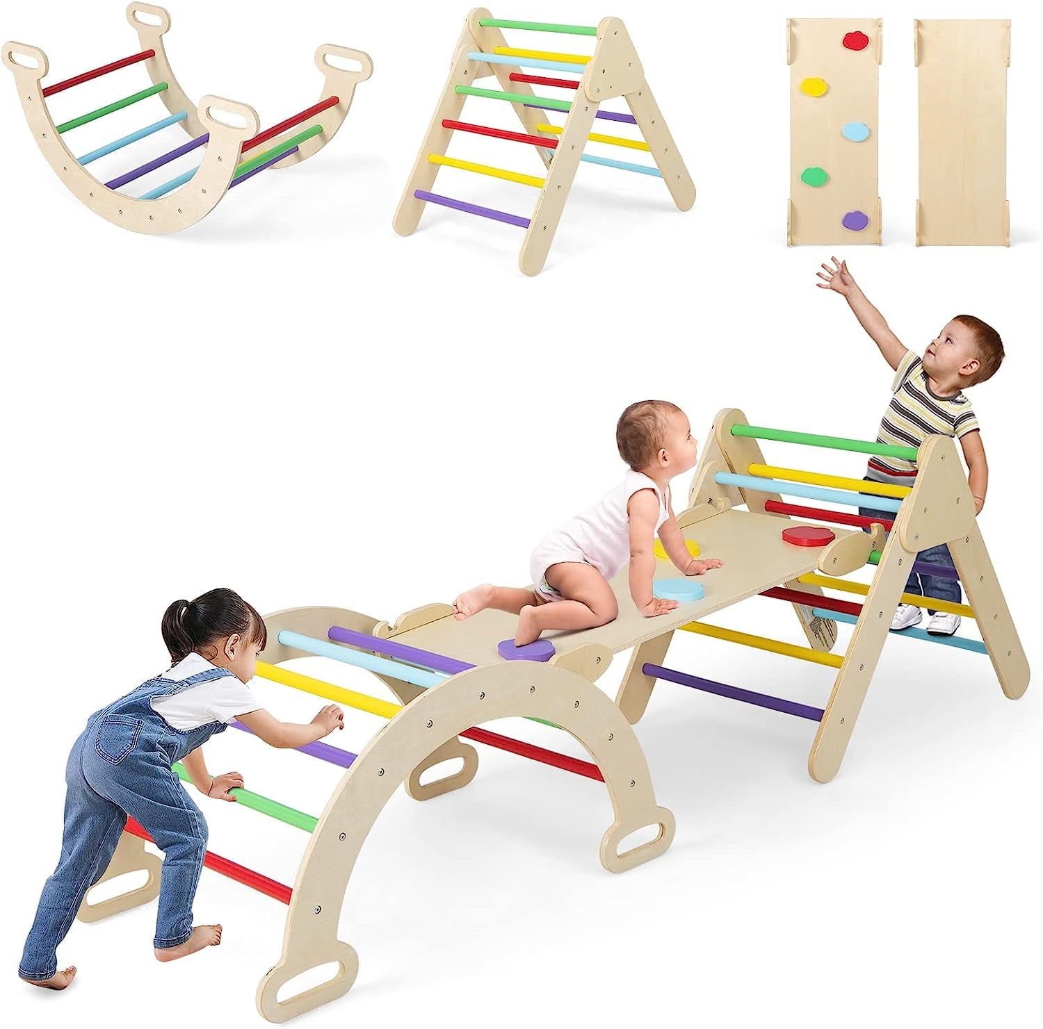 OLAKIDS Climbing Triangle Set, 5 in 1 Kids Wooden Montessori Climber Toy with Ramp Ladder Arch Slide for Gym Playground, Indoor Outdoor Climb Activity Jungle Play Structure for Toddlers 1-3