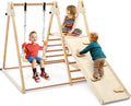 OLAKIDS Toddlers Triangle Climbing Set, 4 in 1 Foldable Kids Wood Montessori Climber Ladder with Ramp, Slide and Swing, Indoor Outdoor Playground Jungle Play Gym Structure for Boys Girls