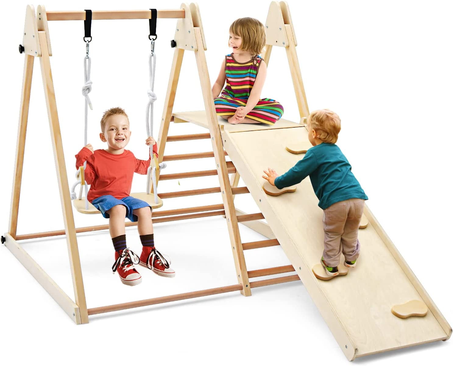 OLAKIDS Toddlers Triangle Climbing Set, 4 in 1 Foldable Kids Wood Montessori Climber Ladder with Ramp, Slide and Swing, Indoor Outdoor Playground Jungle Play Gym Structure for Boys Girls