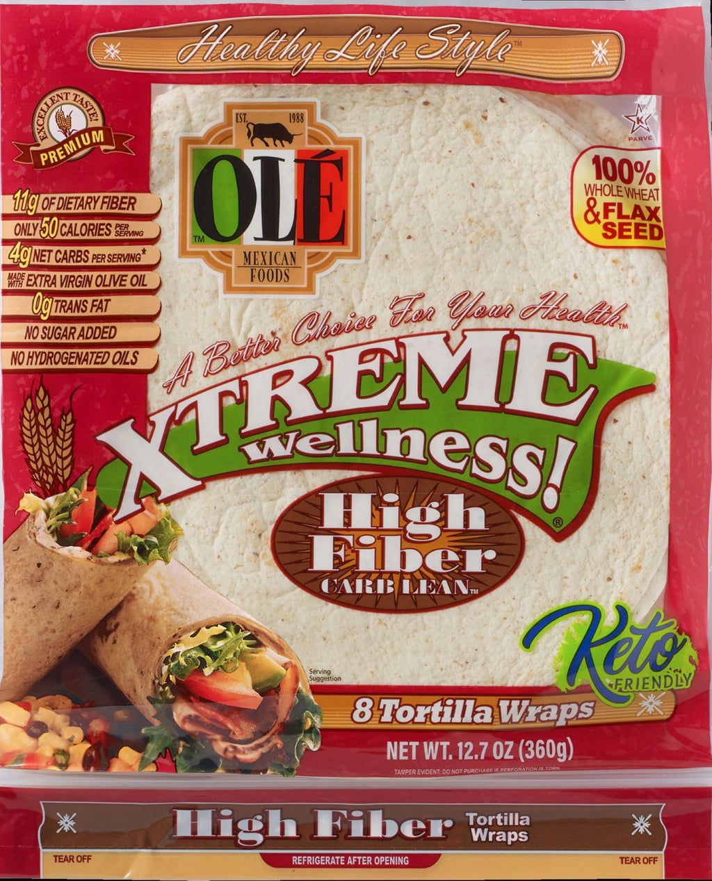Olé Mexican Foods, Xtreme Wellness! High Fiber Carb Lean Tortilla Wraps, Regular, 8 count, 12.7 oz