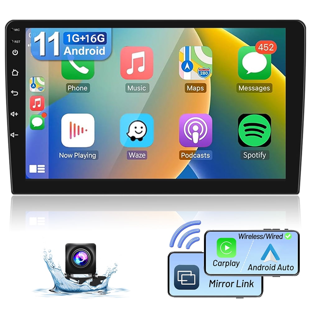 Podofo 1+16G Double DIN 9'' Touchscreen Car Stereo Radio Wireless Carplay Android Auto Mirror Link Android 11 HD 1080P WIFI GPS FM Bluetooth, AHD Backup Camera