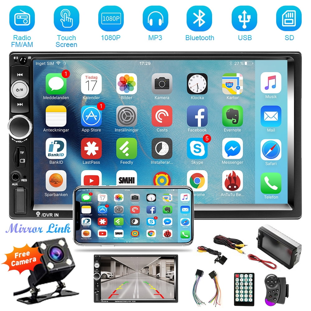 Podofo 12V Double 2 DIN Car Stereo Radio 7" HD MP5 Touch Screen Digital Display Car Video Player with Bluetooth Mirror Link Multimedia Auto SD USB FM AUX Function, with 4 LED Rearview Camera