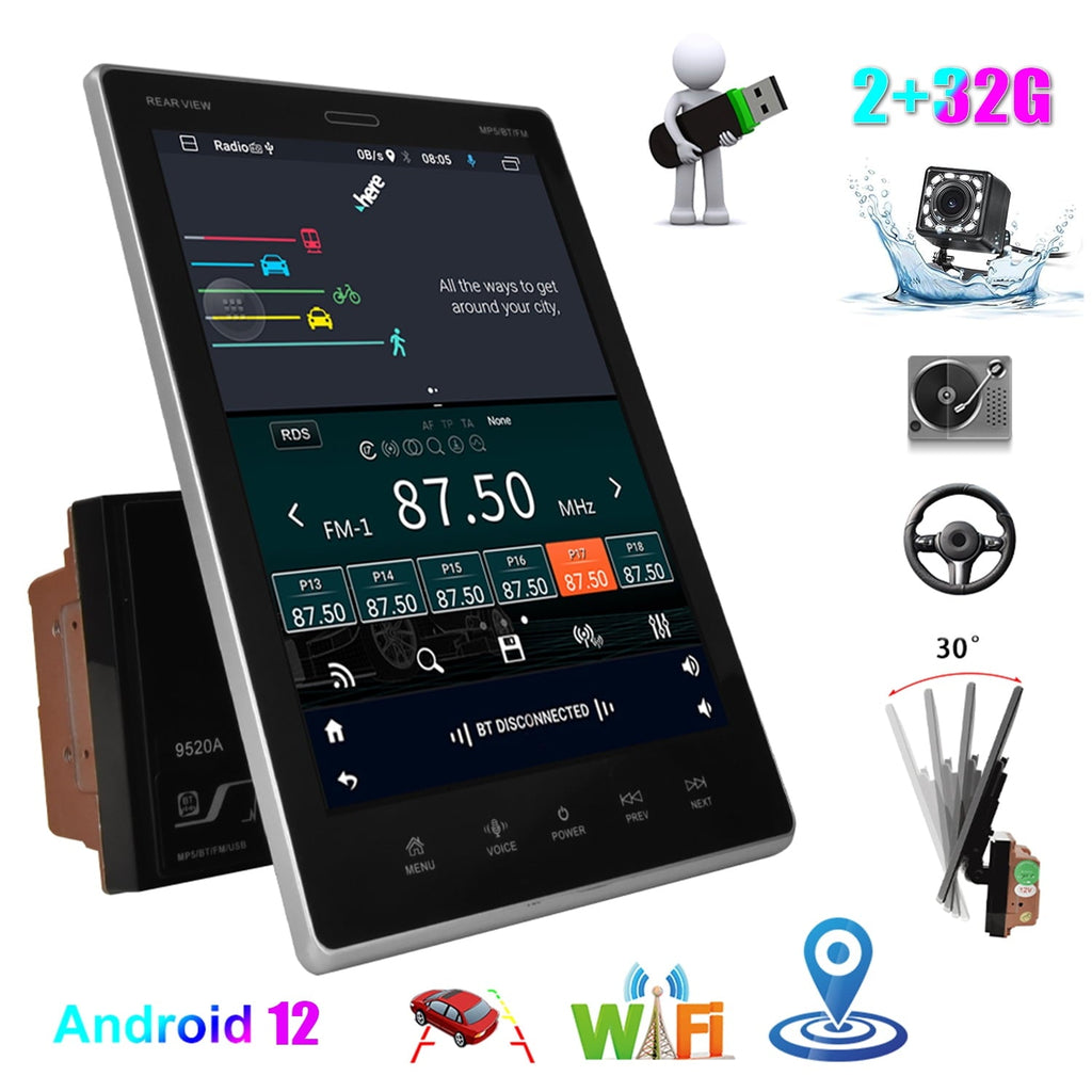 Podofo 2+32G Double 2 Din Adjustable 9.5'' Vertical HD Touch Screen Car Stereo Radio Android 12 Car Player Head Unit Bluetooth Wifi GPS FM Receiver Audio USB Mirror Link, with Backup Camera