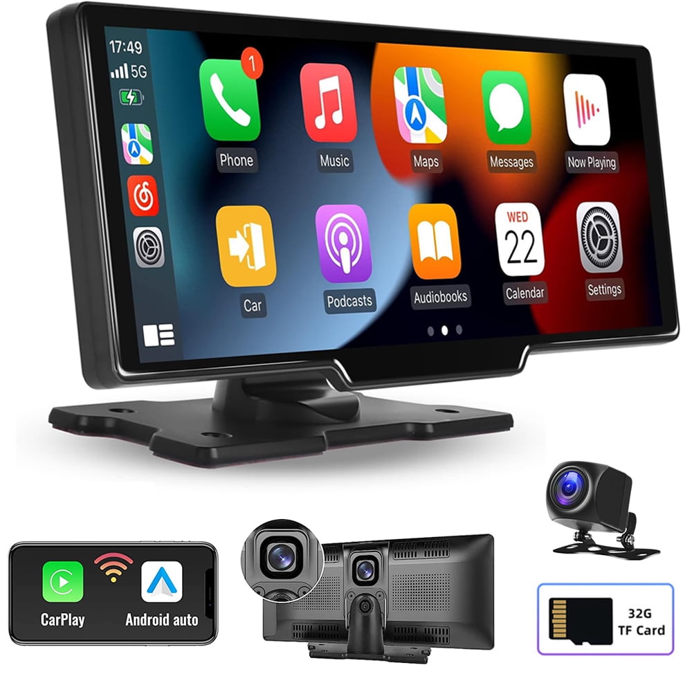Podofo 7-32V 9.3" Portable Car Stereo Radio Wireless Carplay Android Auto Dash Cam DVR Car MP5 Player, with 32G Card&Backup Camera