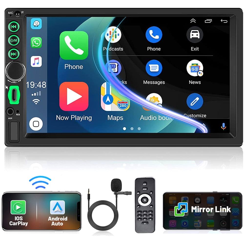 Podofo Double 2 Din 7'' Car Stereo Radio Wireless Apple Carplay Android Auto Mirror Link HD Touch Screen Car Multimedia MP5 Player Head Unit Bluetooth FM USB Mic Type C(No Backup Camera)
