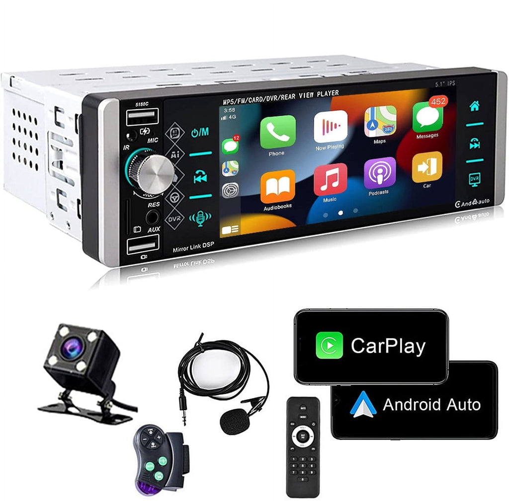 Podofo Single Din 5.1'' Car Stereo Radio Apple Carplay Android Auto Touch Screen Car Multimedia MP5 Player Bluetooth Mirror Link FM USB, with Back Up Camera