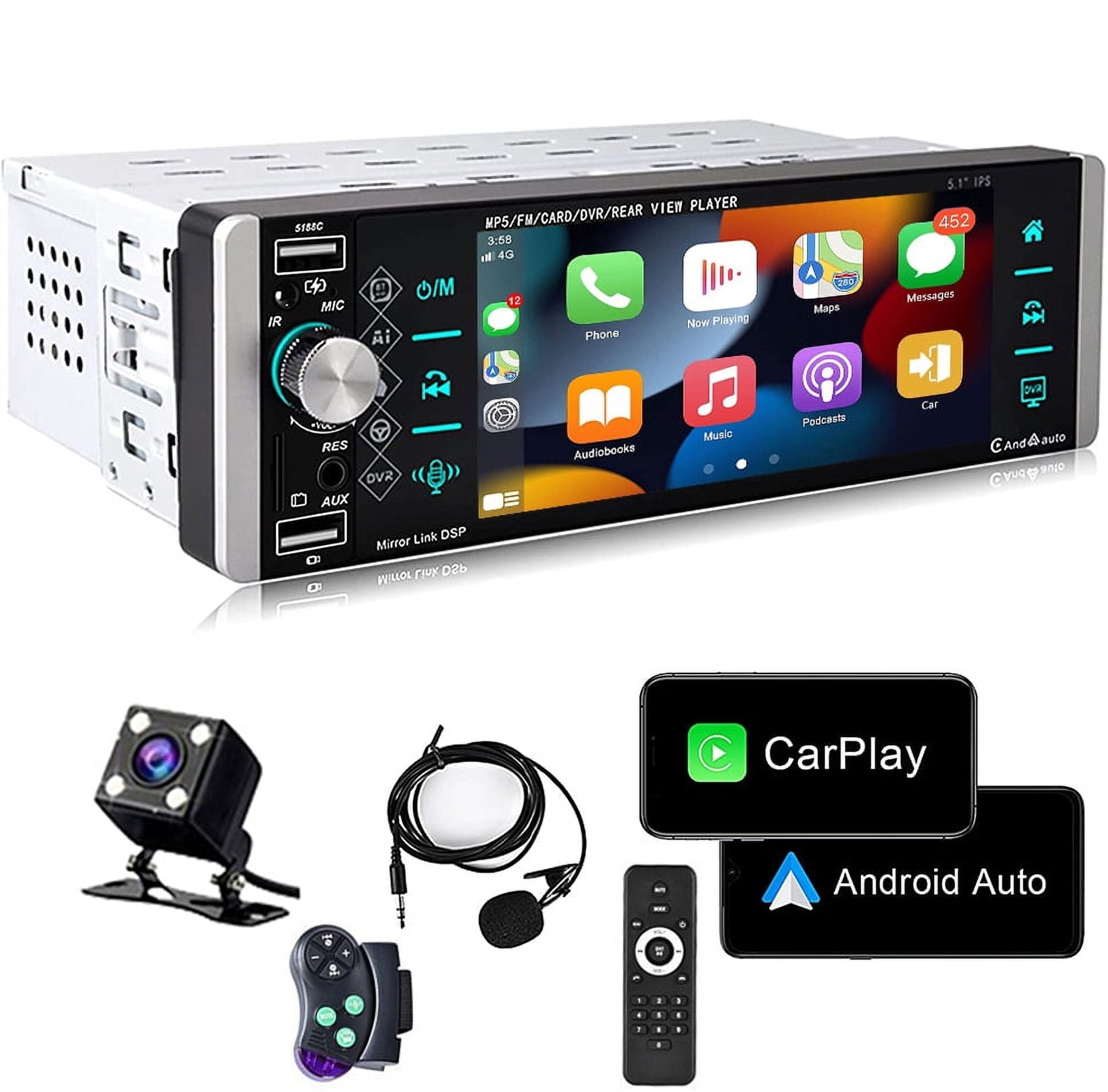 Podofo Single Din 5.1'' Car Stereo Radio Apple Carplay Android Auto Touch Screen Car Multimedia MP5 Player Bluetooth Mirror Link FM USB, with Back Up Camera