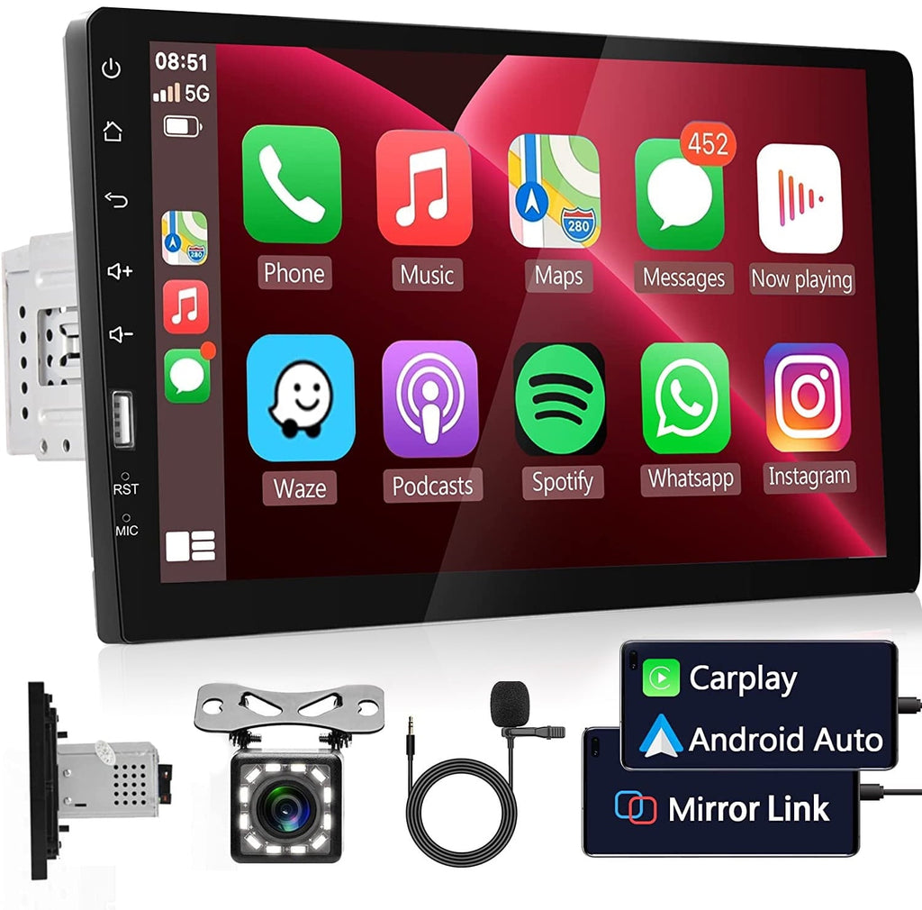 Podofo Single Din Car Stereo Radio 9'' Touch Screen Carplay Universal Car Multimedia Player with Bluetooth FM Radio Receiver Mirror Link with 12 Leds Backup Camera