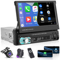 Podofo Universal Single 1 DIN 7" HD Touchscreen Retractable Car Stereo Radio Bluetooth Auto Apple Carplay Android Auto FM Mirror Link Function, with 12 LED Backup Camera