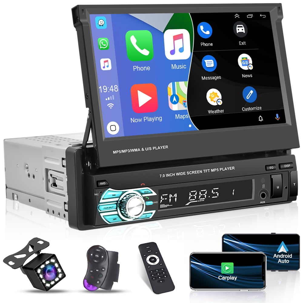 Podofo Universal Single 1 DIN 7" HD Touchscreen Retractable Car Stereo Radio Bluetooth Auto Apple Carplay Android Auto FM Mirror Link Function, with 12 LED Backup Camera