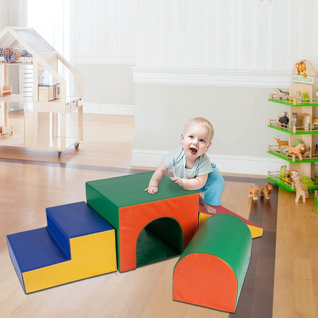 Polar Aurora 4PCS Single-Tunnel Foam Climber and Crawl Activity Play Set Soft Foam Toddler Stairs and Freestanding Indoor Active Play Structure for Toddlers and Kids, Easy to Assemble