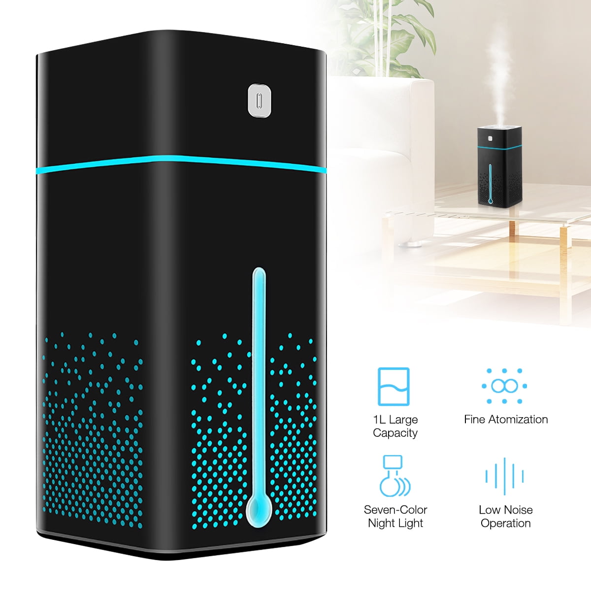 Portable 1000ML Air Humidifier USB Changing Cool Mist Diffuser for Home Car with 7 Color LED Light