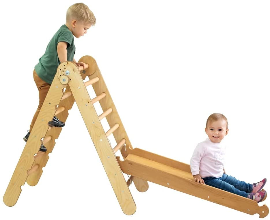 QJUHUNG 2-in-1 Indoor/Outdoor Wooden Playset  Foldable Pickler Triangle and Slide Climbing Board - Montessori  and Toddler Toys  Baby Playground Play Gym for Home and Backyard