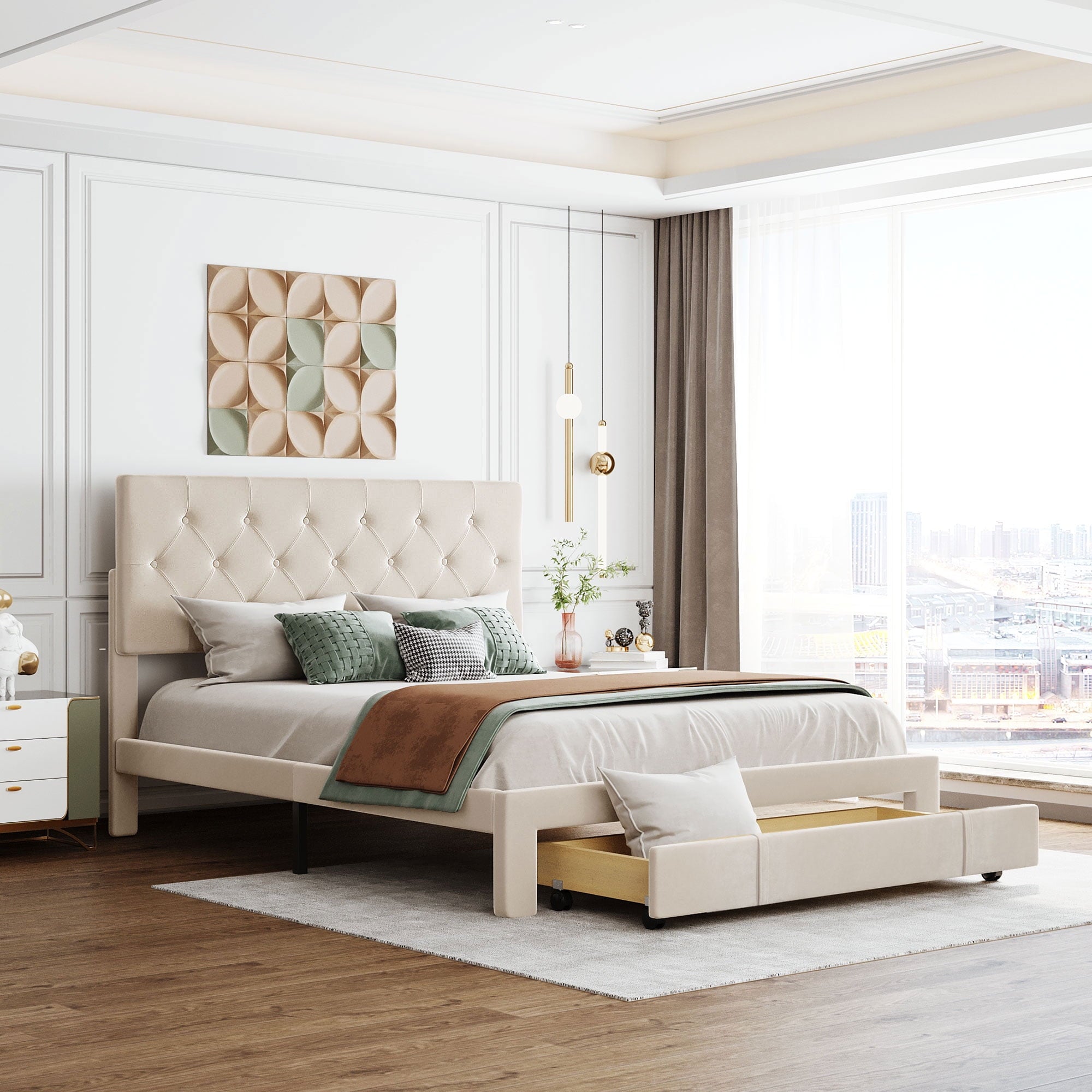 Queen Bed Frame with 1 Big Storage Drawer, Velvet Button Tufted Upholstered Platform Bed with Headboard for Teens Adults, Beige