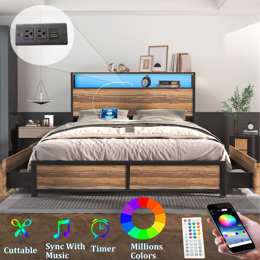 Queen Size Bed Frame with LED Lights Headboard & Storage Drawers - Metal Platform Bed with Power Outlet and USB Ports(Brown-Queen)