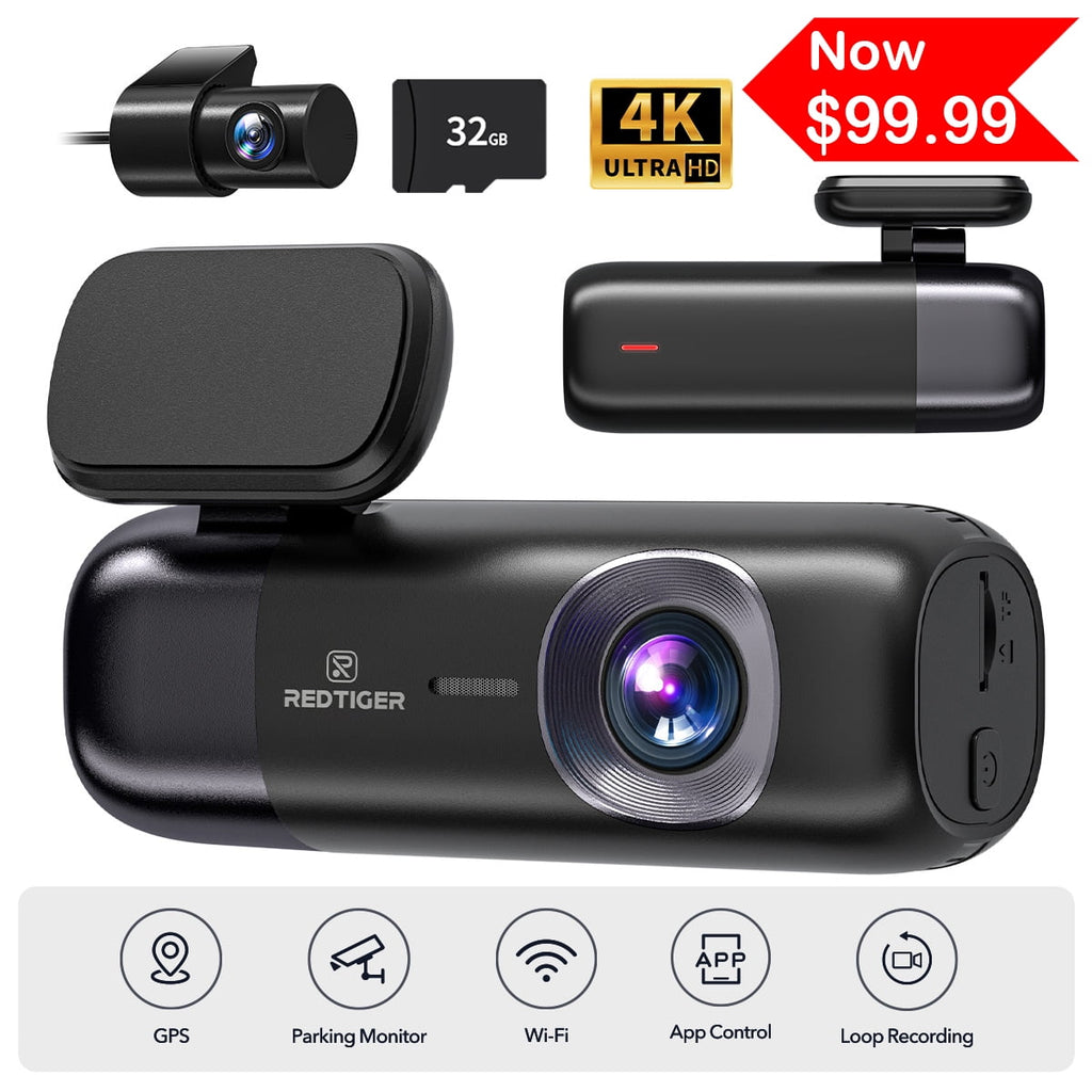 REDTIGER 4K Car Dash Cam, 4K Front and 1080P Rear Dash Camera with WiFi & GPS, Loop Recording, Smart App Control, Free 32GB SD Card