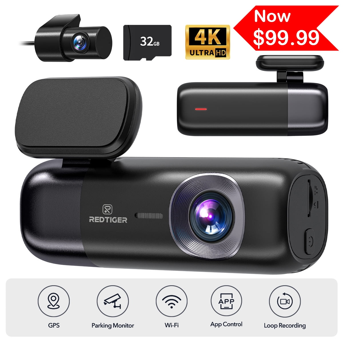 REDTIGER 4K Car Dash Cam, 4K Front and 1080P Rear Dash Camera with WiFi & GPS, Loop Recording, Smart App Control, Free 32GB SD Card