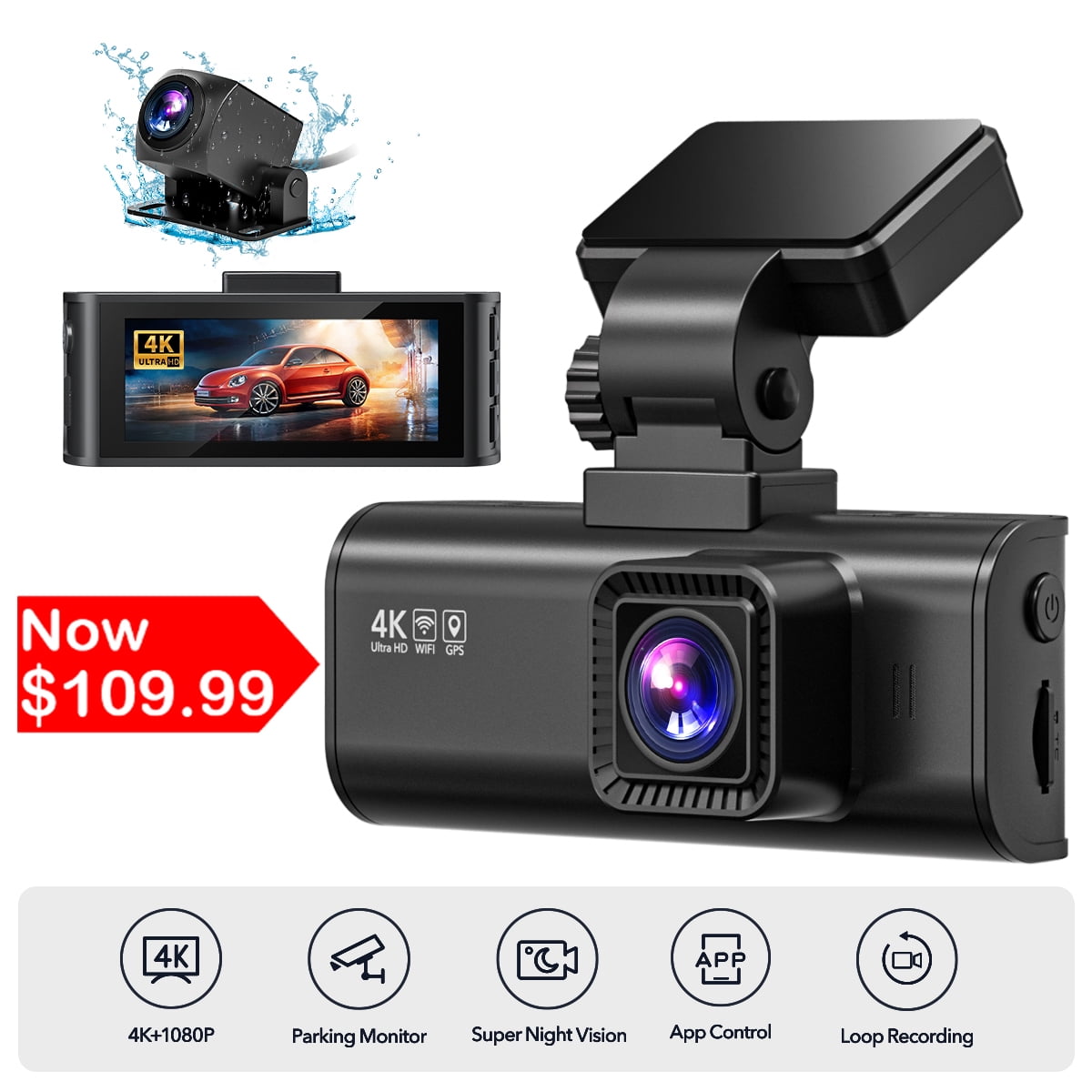 REDTIGER Car Dash Cam with WiFi & GPS, Dash Camera 4K/2.5K Front+1080P Rear with Night Vision, Dual Dash Cam with 3.18" LCD Screen Display, Loop Recording, Parking Mode,Black