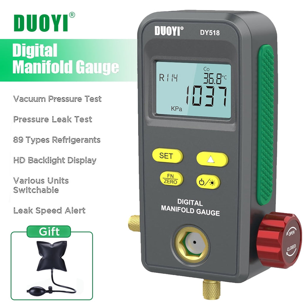Refrigeration Digital Manifold Gauge, HVAC Vacuum Pressure Gauge, Air Conditioning Maintenance Diagnostic Tool, Freon Temperature Tester, R410a R134a Refrigerants Kit, DY518
