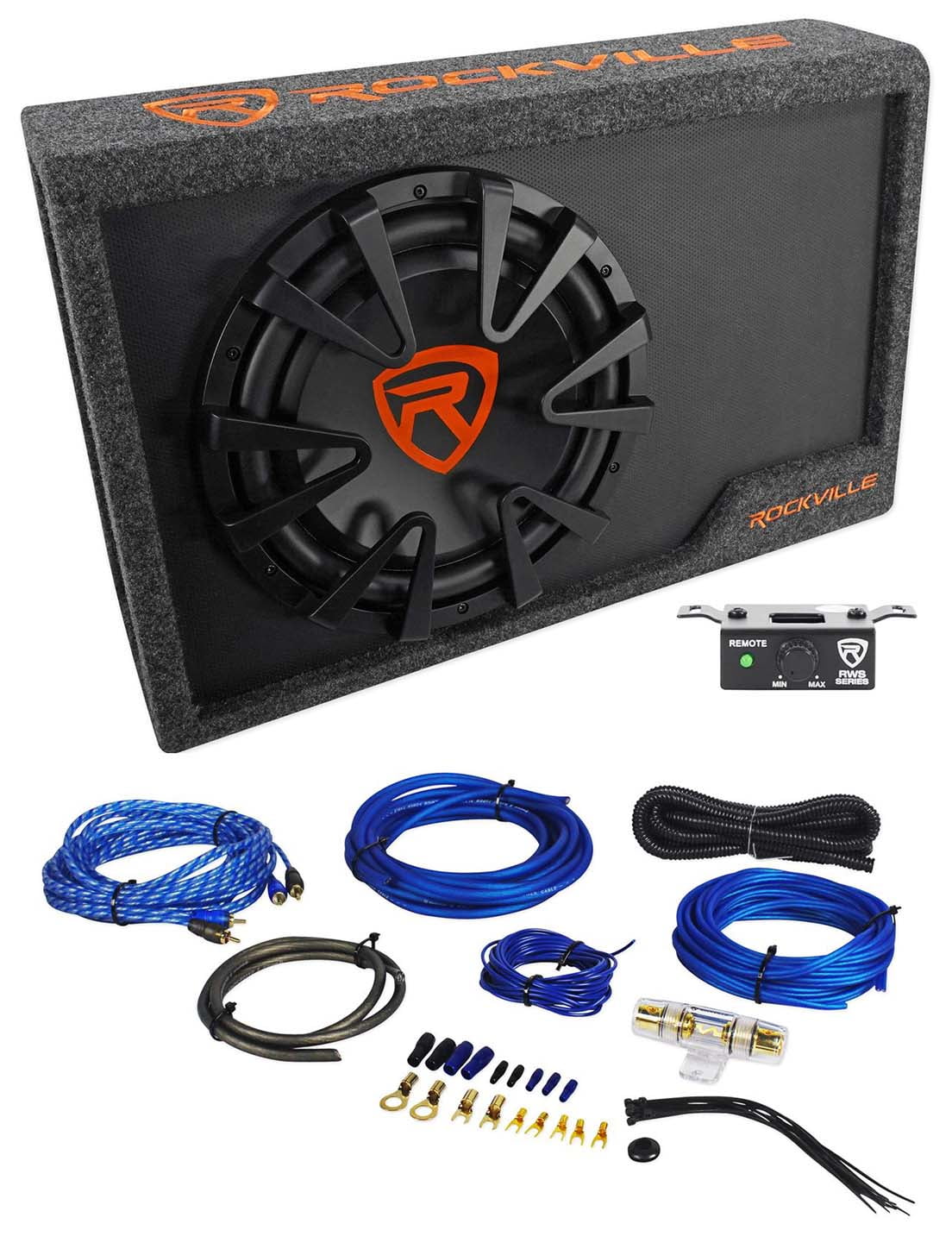 Rockville RWS12CA Slim 1200 Watt 12" Powered Car Subwoofer Enclosure + Wire Kit