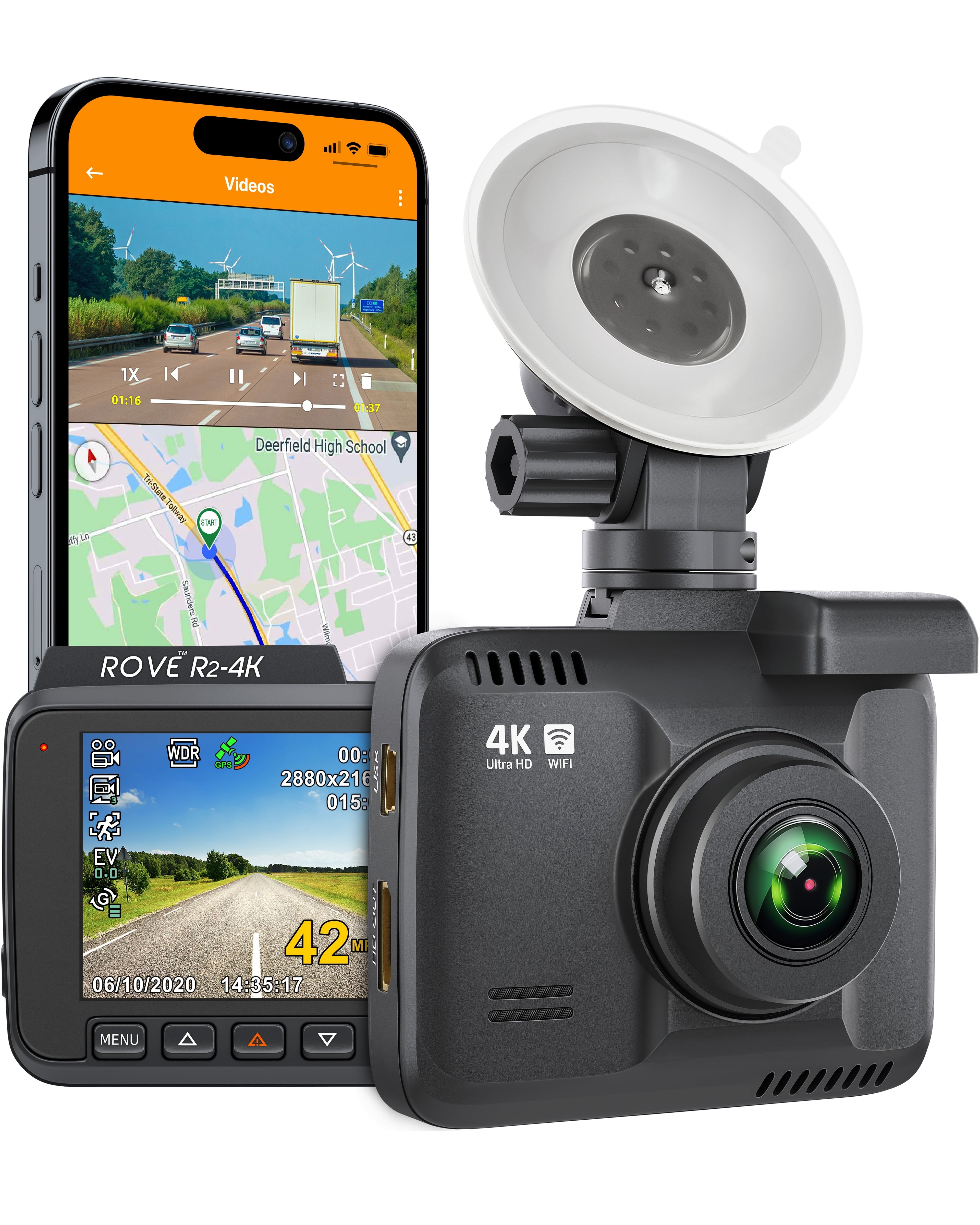 Rove R2-4K Dash Cam for Car - Built-in WiFi GPS Car Dashboard Camera Recorder with UHD 2160P, 2.4" LCD Display, 150° Wide Angle, WDR, Night Vision