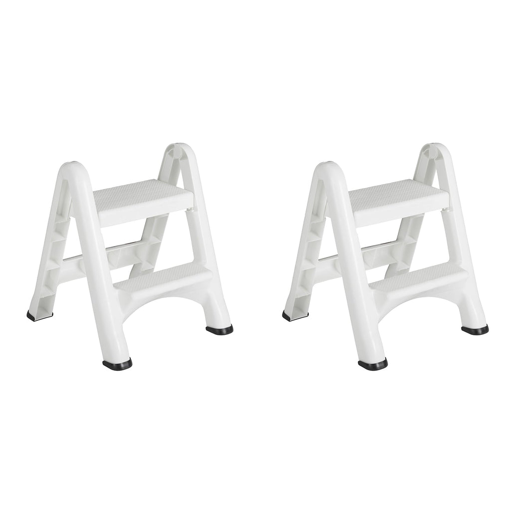 Rubbermaid EZ Two Step Durable Folding Plastic Ladder Step Stool, White (2 Pack)