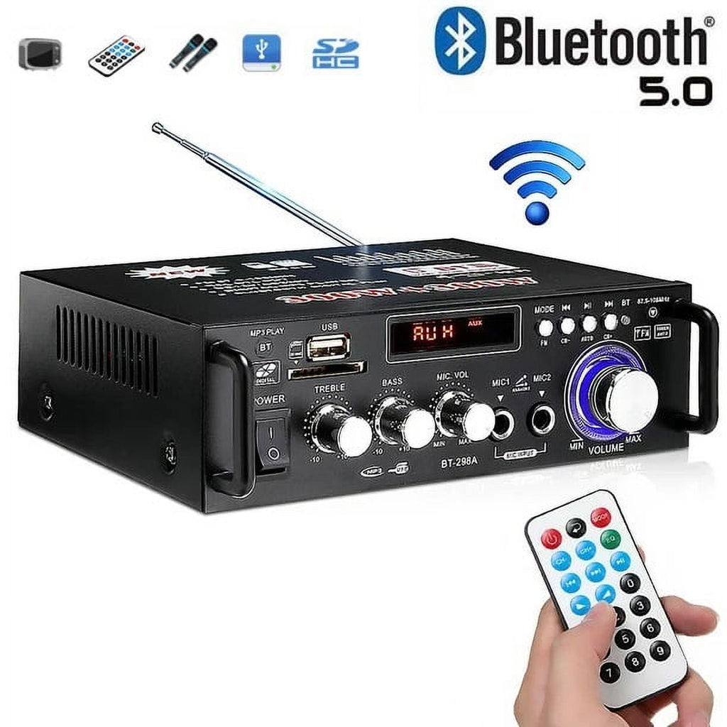SOONHUA 600W Wireless Bluetooth 5.0 Stereo Audio Amplifier, with Bluetooth LCD Digital Display Stereo Receiver for Home Theater Speakers, Bass & Treble Control, USB/SD/RCA/MIC/FM in, Remote