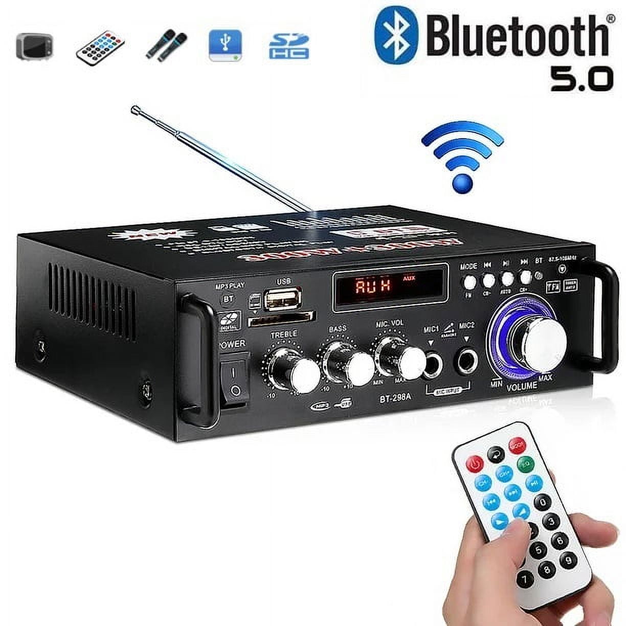 SOONHUA 600W Wireless Bluetooth 5.0 Stereo Audio Amplifier, with Bluetooth LCD Digital Display Stereo Receiver for Home Theater Speakers, Bass & Treble Control, USB/SD/RCA/MIC/FM in, Remote