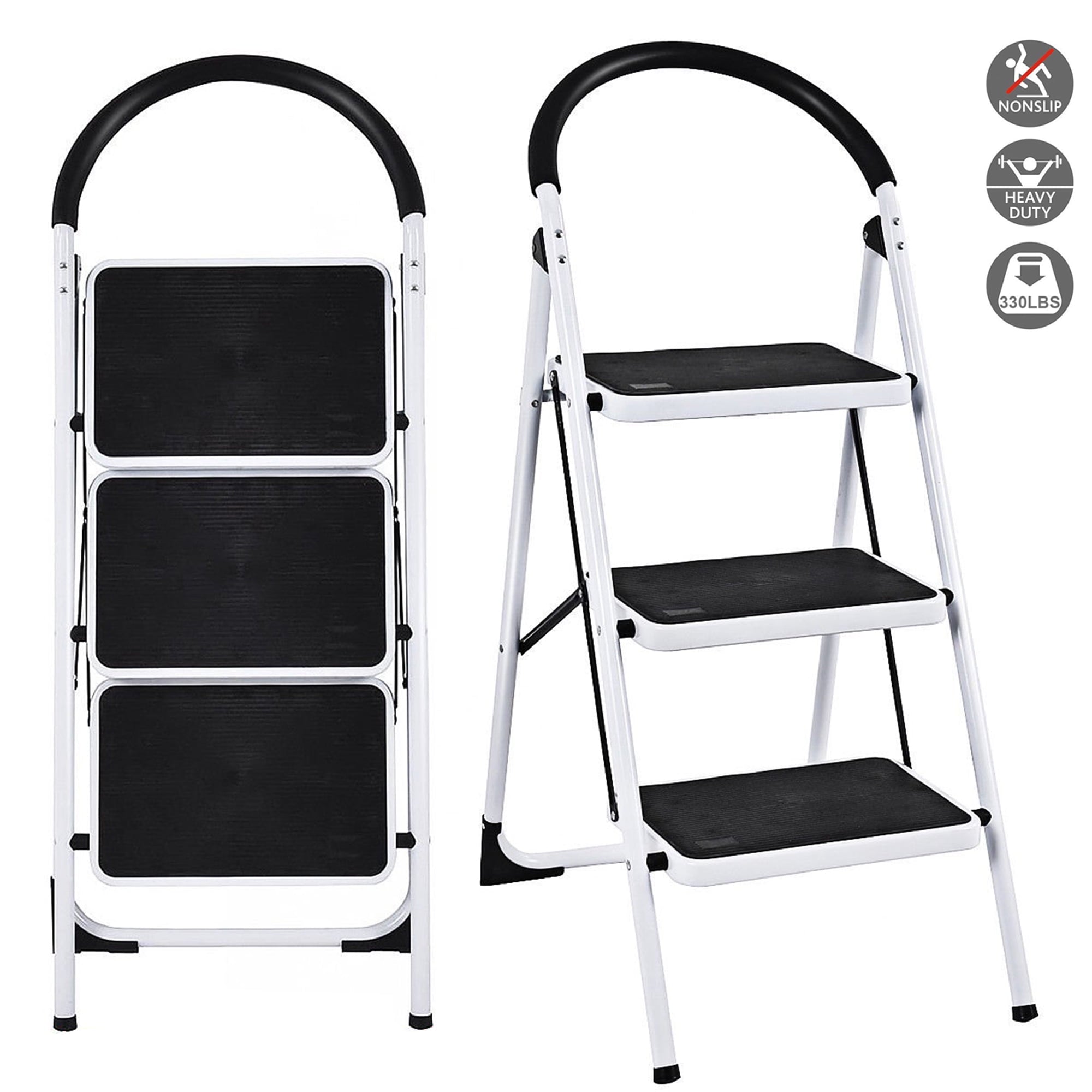 SUGIFT 3-Step Portable Folding Steel Ladder with Wide Platform Steps, 330lbs Capacity, White