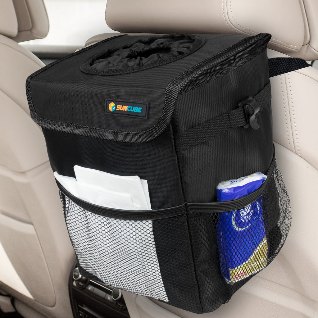 SUN CUBE WATERPROOF Car Trash Can with Lid, Mesh Pockets | Leakproof Car Garbage Can Hanging | Auto Trash Bin, Garbage Bag Organizer for Headrest, Console, Truck (Black)