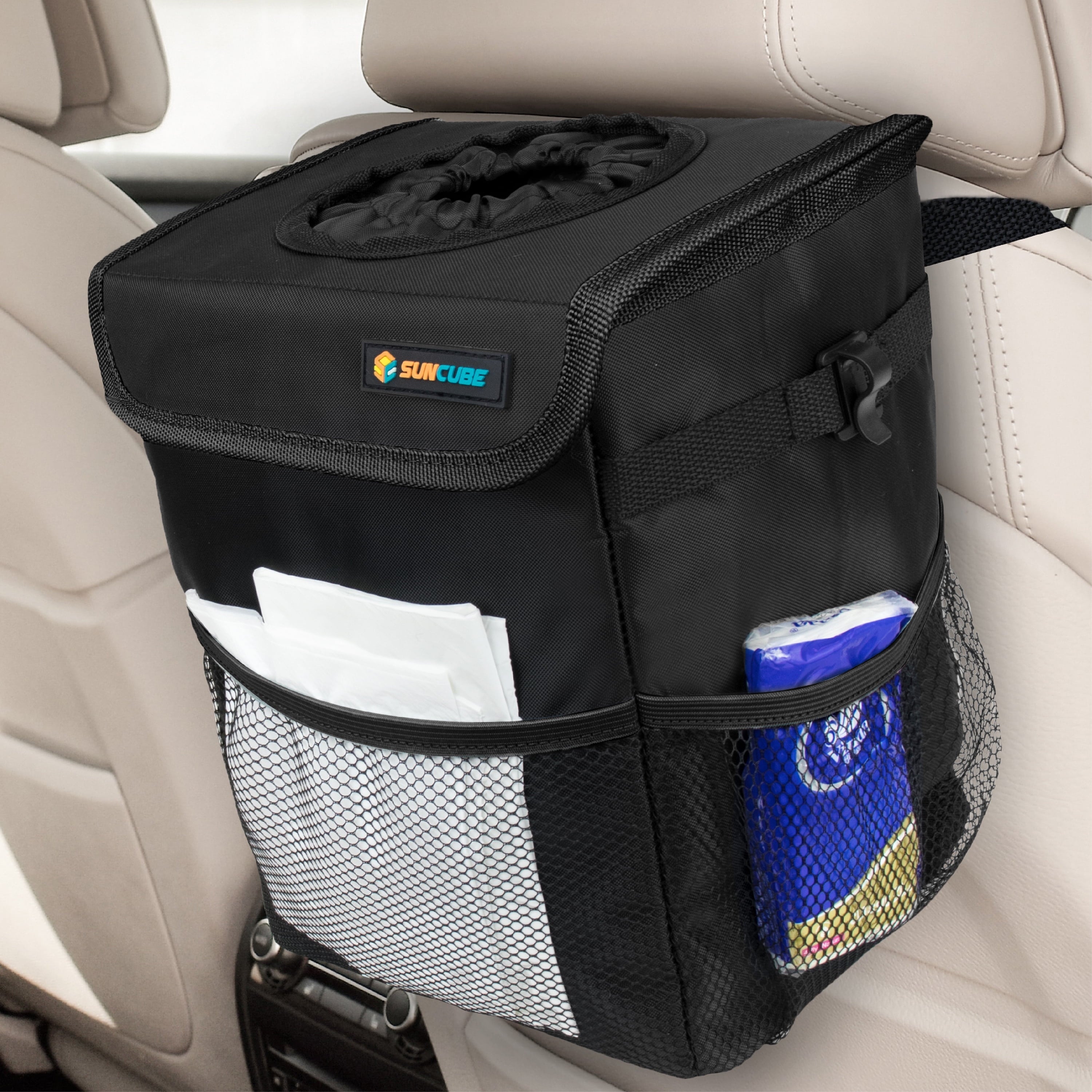 SUN CUBE WATERPROOF Car Trash Can with Lid, Mesh Pockets | Leakproof Car Garbage Can Hanging | Auto Trash Bin, Garbage Bag Organizer for Headrest, Console, Truck (Black)