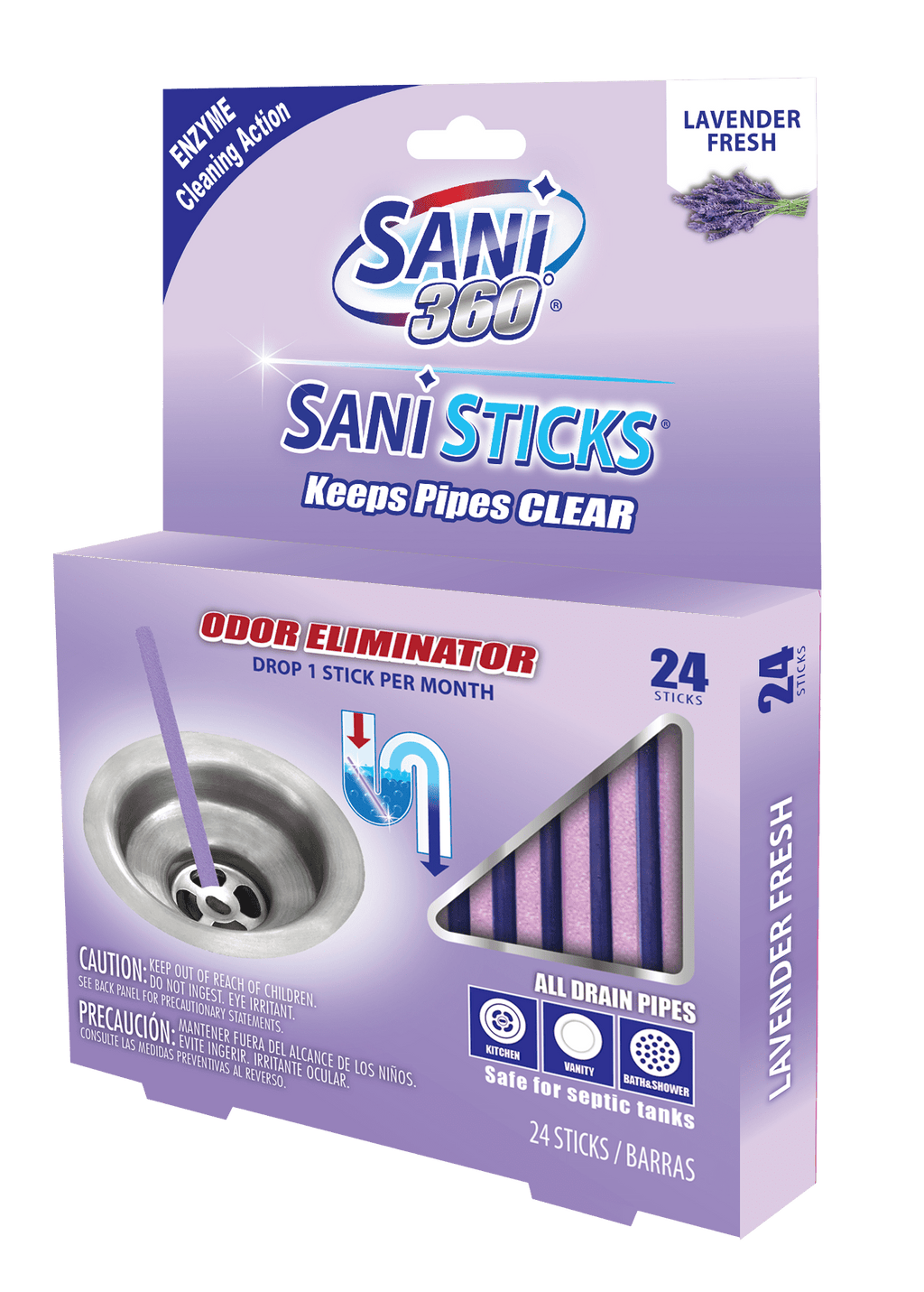Sani 360 Sticks Lavender Fresh Drain Cleaner and Deodorizer, 24 Count
