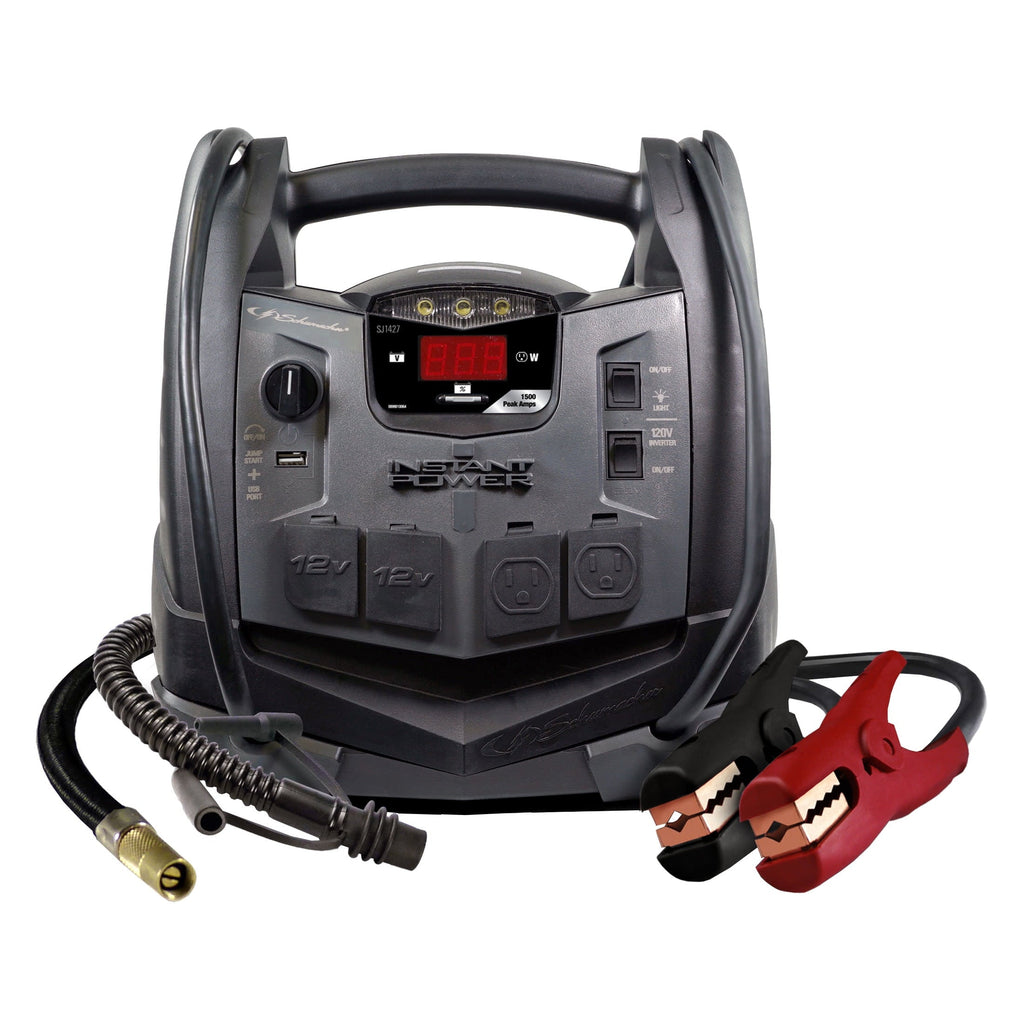 Schumacher SJ1427 6-in-1 Portable Power Station and 1500 Peak Amp Jump Starter – 150-PSI Air Compressor and 200 Continuous/400 Peak Watt Power Inverter – Works with Apple and Android Devices