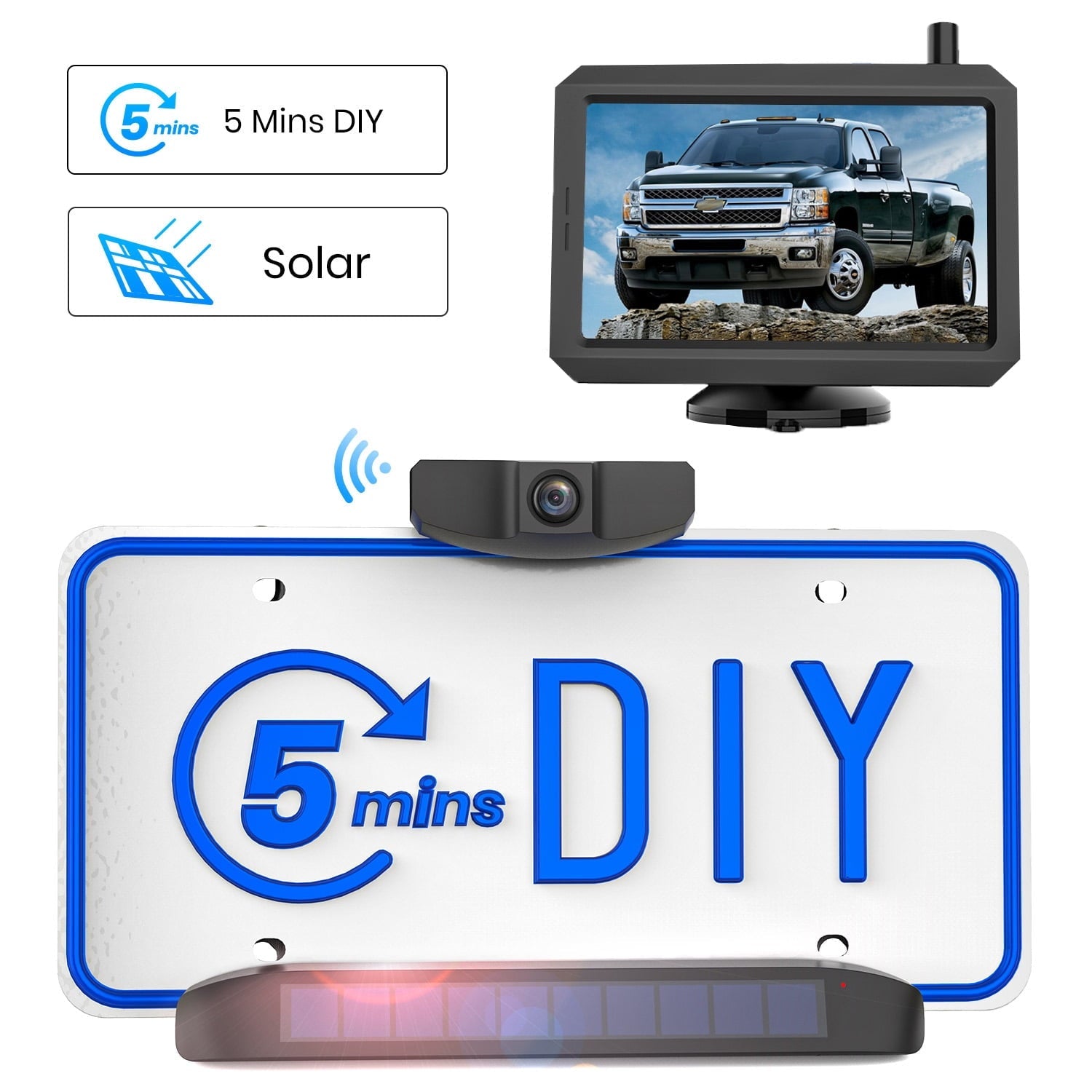 Solar Wireless Backup Camera with 5 Inch HD Monitor, Solar Powered Reverse Camera Suitable for Traveling Campers, Trailer Trucks Rear View Backup Camera Easy Installation