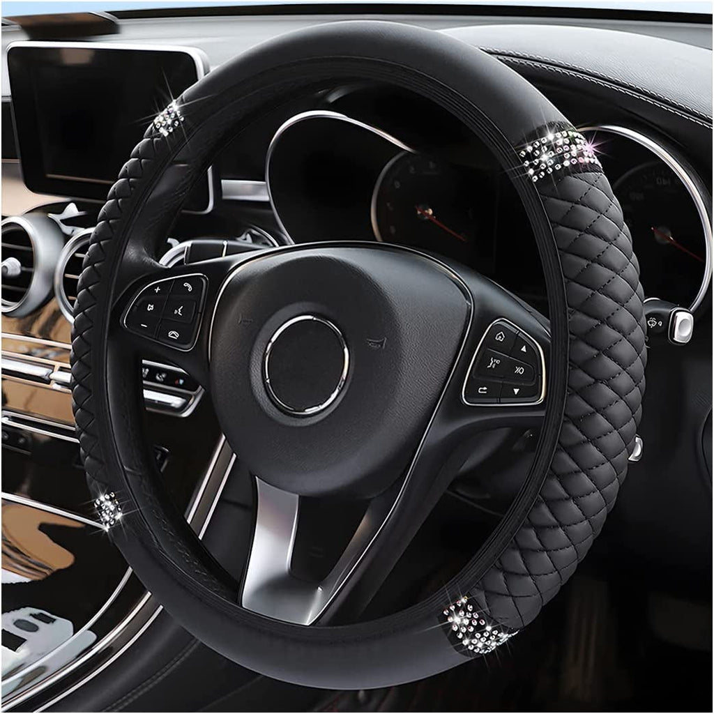 Steering Wheel Cover, Universal Bling  15 Inch Car Accessory with Rhinestones for Women, Anti-Slip Soft Leather Black Protector for Sedans, SUVs, Vans, Trucks