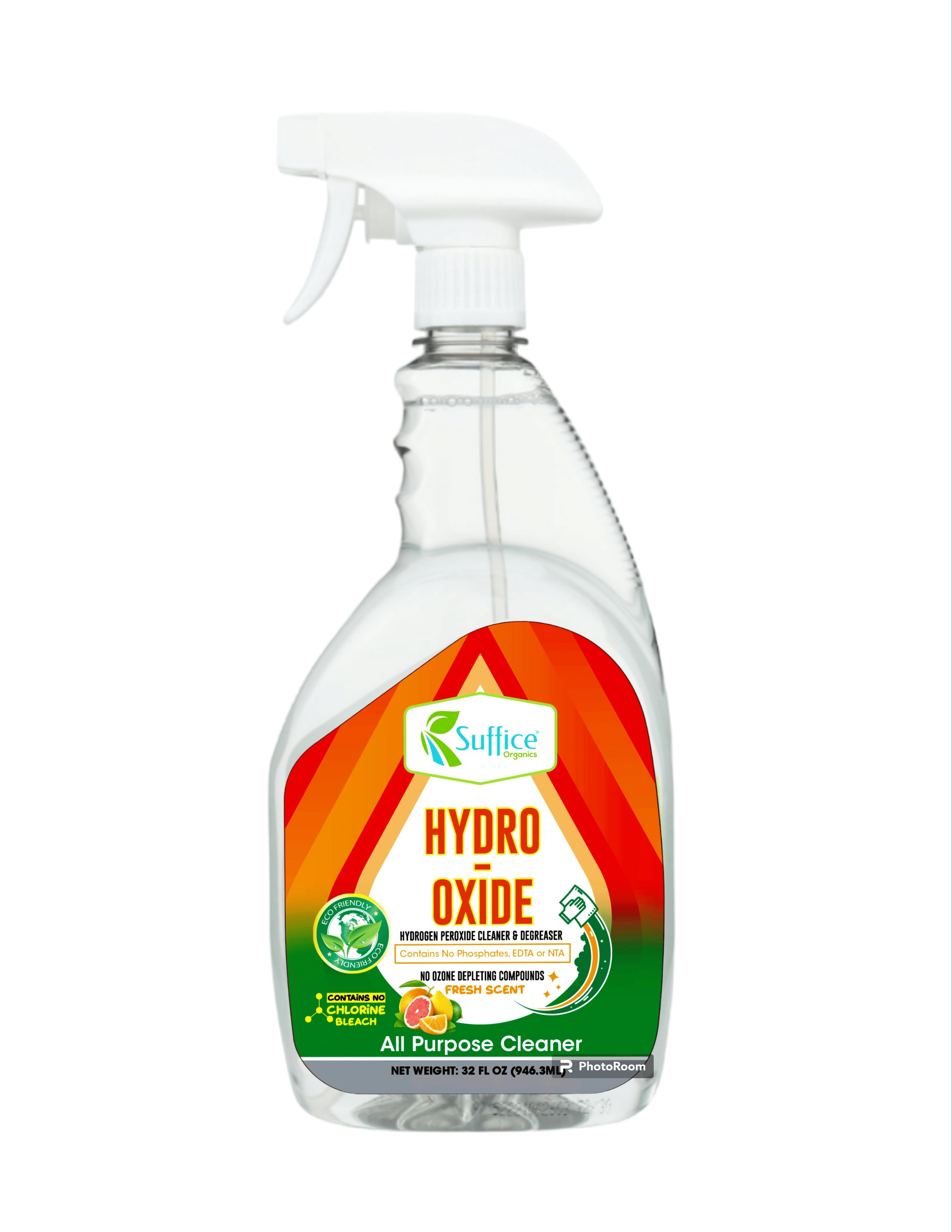 Suffice Organics. Natural Kid Friendly Pet Friendly Hydro-Oxide Peroxide  All-Purpose Cleaner and Degreaser