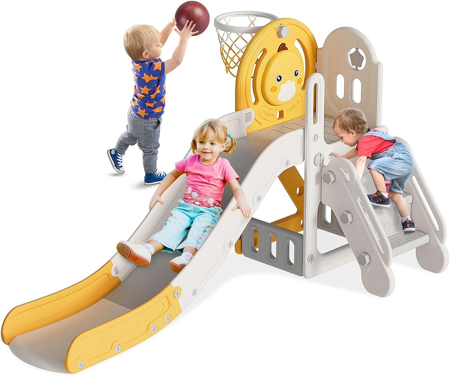 Suteck 5 in 1 Toddler Slide, Slide for Toddlers Age 1-3 with Basketball Hoop and Ball, Slide for Kids, Indoor Outdoor Backyard Playground Cute Duck Theme Baby Slide Toy Yellow