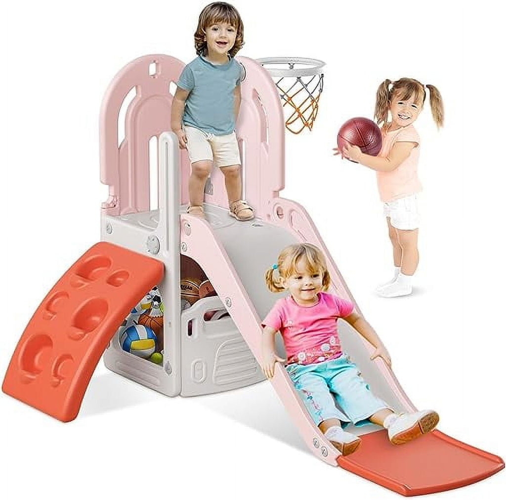 Suteck 5 in 1 Toddler Slide, Swing and Slide for Toddlers Age 1-3 with Basketball Hoop and Basketball, Slide for Kids5 in 1 Toddler Slide, Swing and Slide for Toddlers
