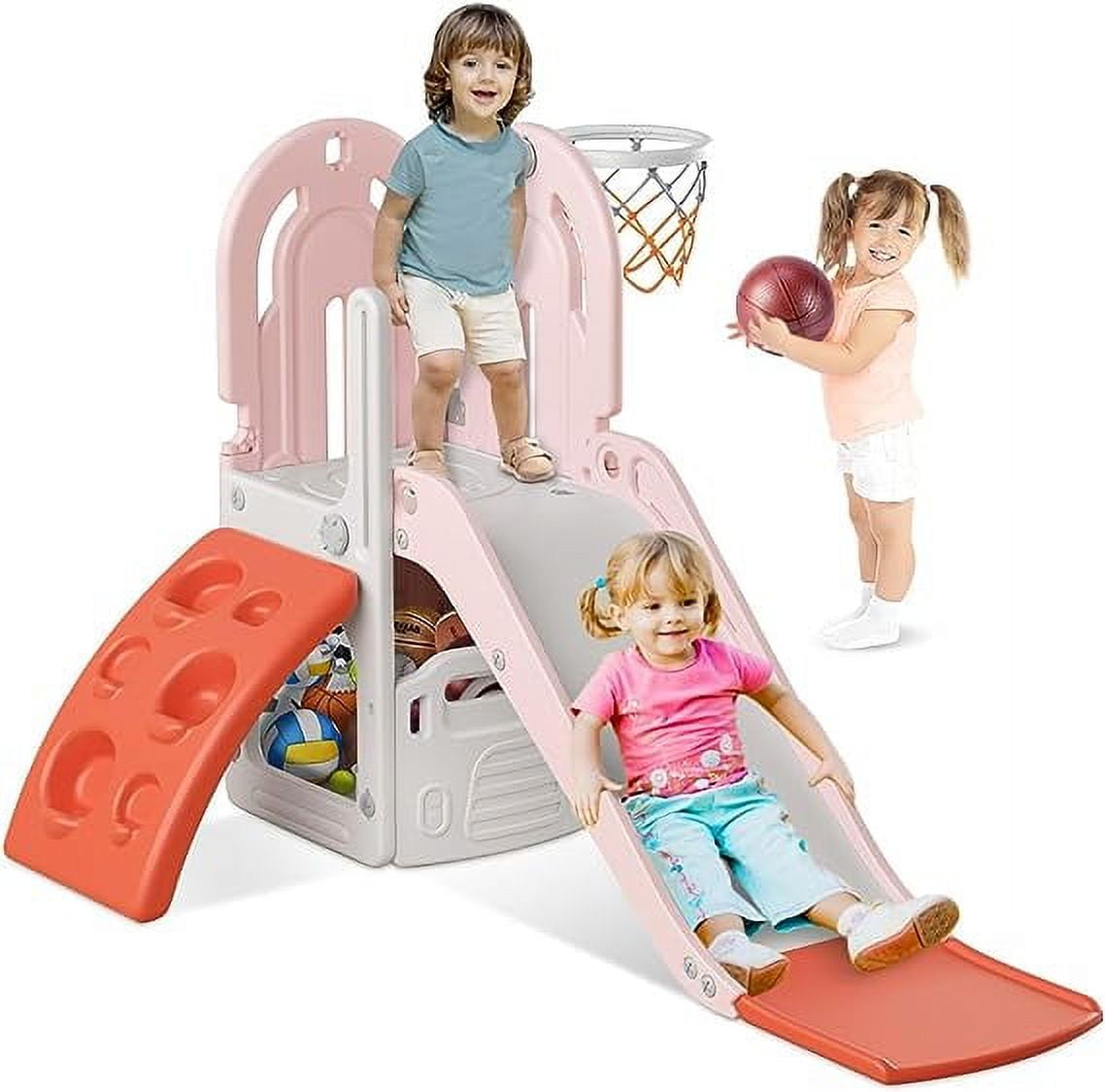 Suteck 5 in 1 Toddler Slide, Swing and Slide for Toddlers Age 1-3 with Basketball Hoop and Basketball, Slide for Kids5 in 1 Toddler Slide, Swing and Slide for Toddlers