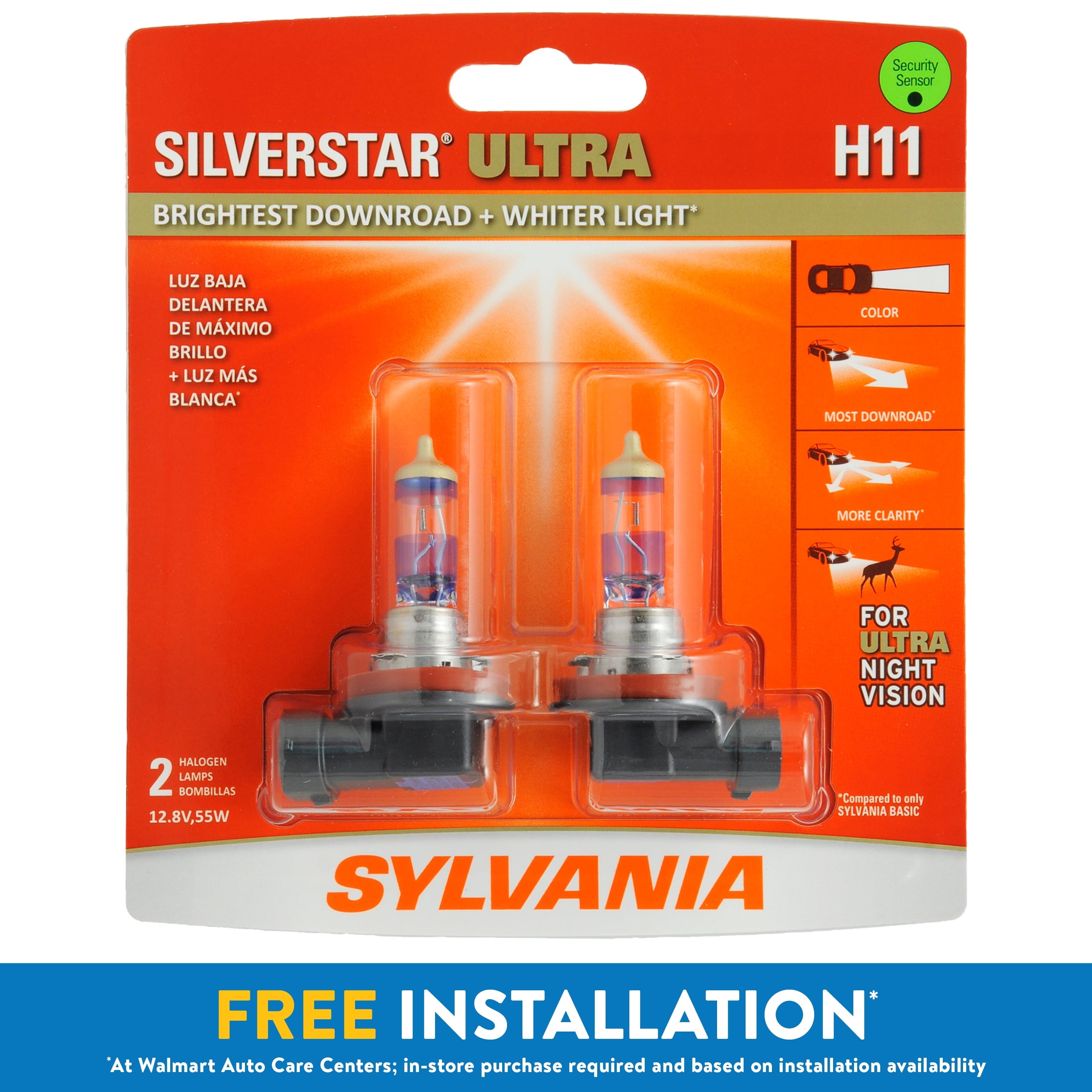 Sylvania H11 SilverStar Ultra Halogen Headlight Bulb, Pack of 2.