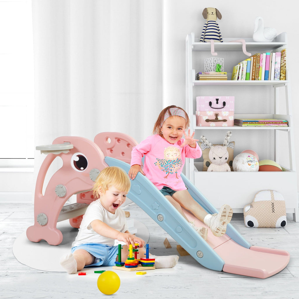 TOBBI 3 in 1 Toddler Slide Plastic Kids Slide with Climb Stairs | Basketball Hoop | Ball, Indoor Outdoor Games Fun Activity Playground Toy for Boys Girls