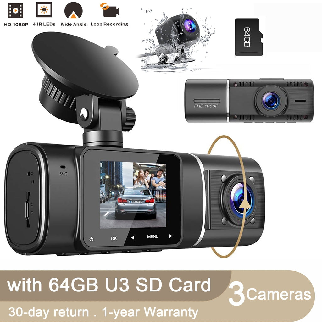 TOGUARD 3 Channel 1080P Dash Cam , 1080P+720P+720P Way Triple Car Camera,IR Night Vision, 24 Hour Parking Mode,with 64GB SD Card