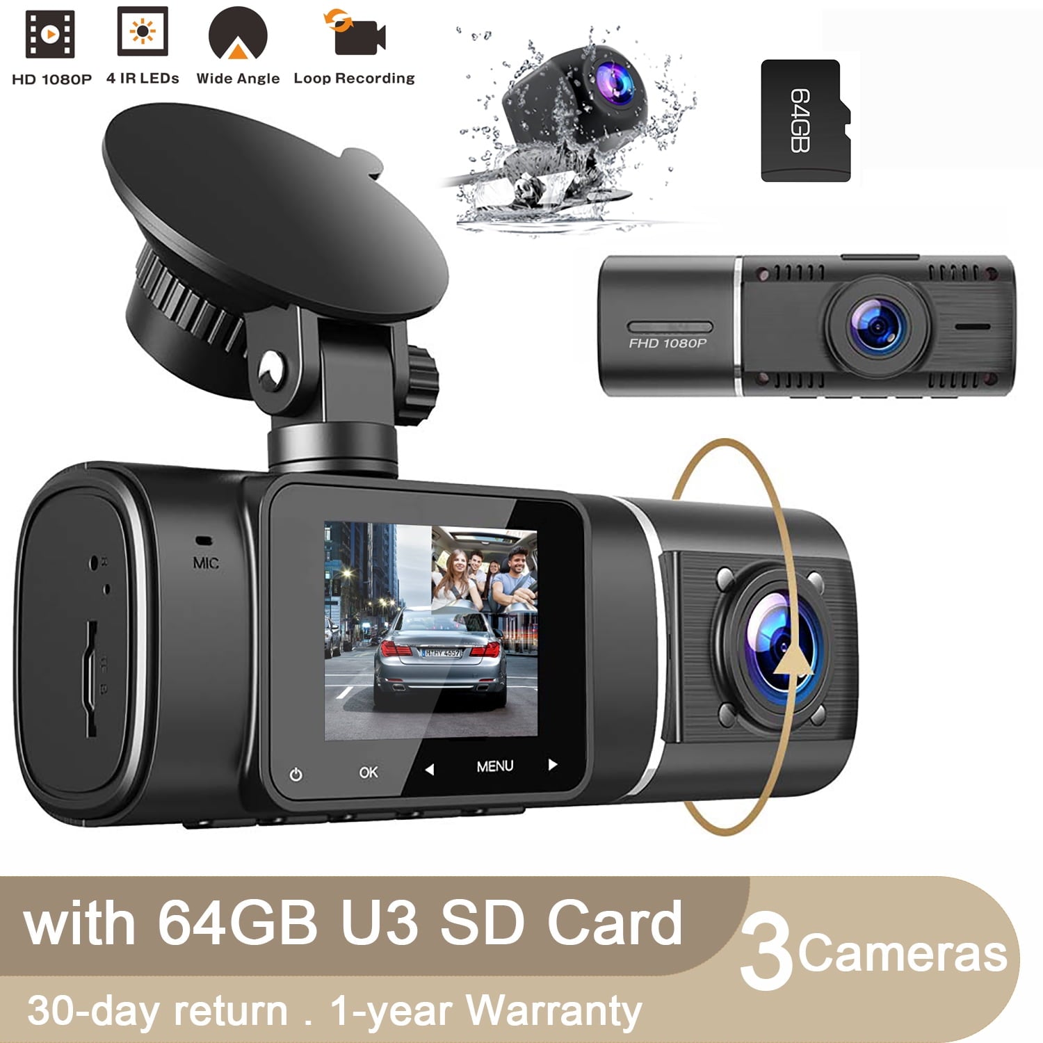TOGUARD 3 Channel 1080P Dash Cam , 1080P+720P+720P Way Triple Car Camera,IR Night Vision, 24 Hour Parking Mode,with 64GB SD Card