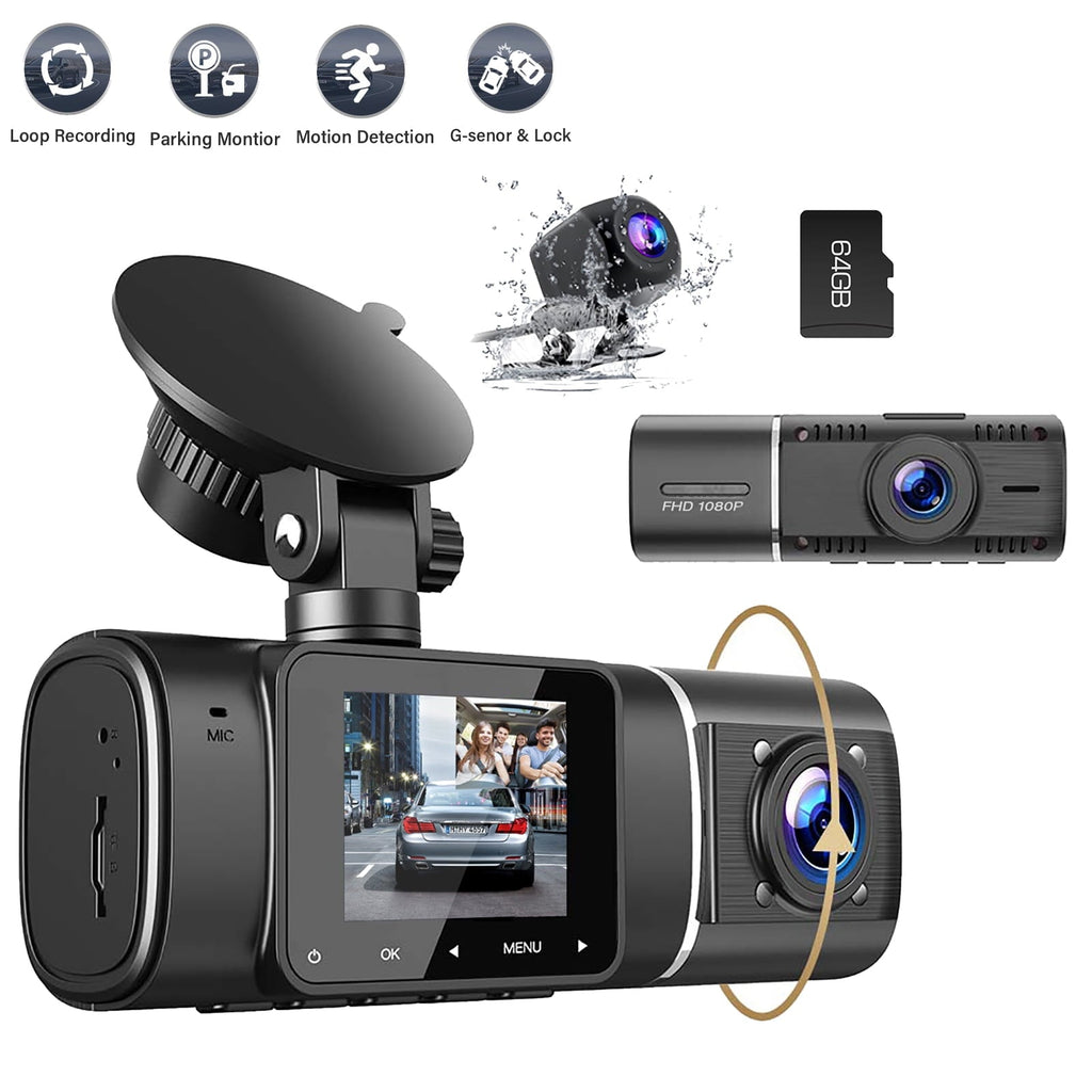 TOGUARD 3 Channel  Dash Cam 1080P Dash Cam Front and Rear， with 64GB SD Card Infrared Night Vision Car Camera, WDR, Emergency Lock, Parking Monitor