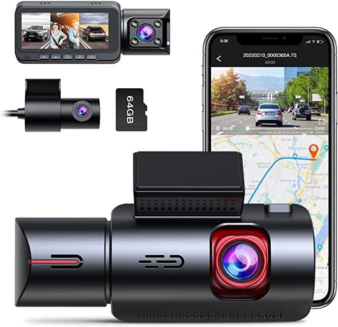 TOGUARD 3 Channel Dash Cam Front and Rear Insidewith 64GB U3 SD Card, 4K Car Camera Built-in WiFi GPS IR Night Vision Dash Camera with Loop Recording, G-Sensor,Parking Monitor