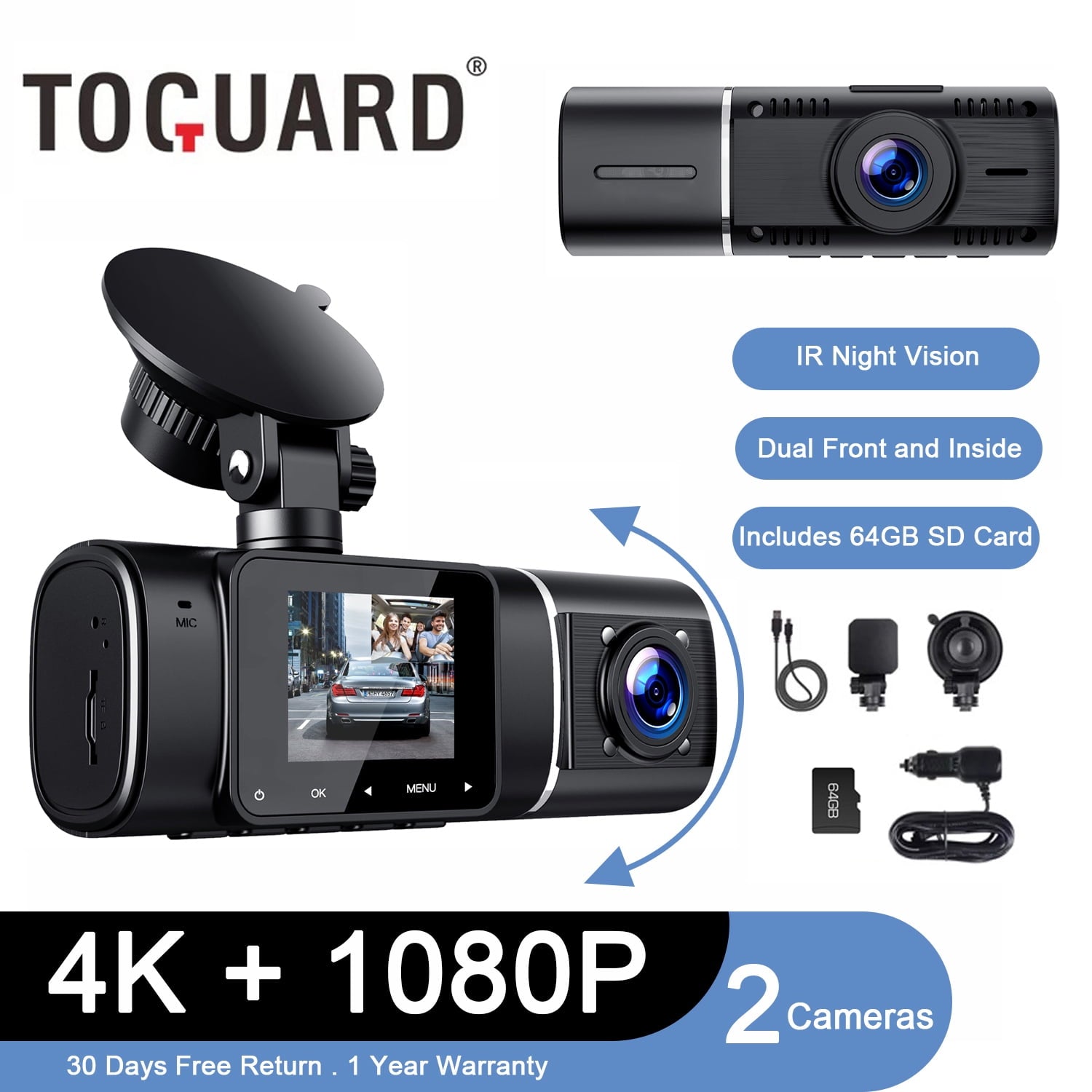 TOGUARD 4K Dual Dash Cam Front and Inside with 64GB U3 SD Card Car Camera Driving Recorder with WDR, IR Night Vision,G-sensor, Loop recording, Parking Monitor, Motion Detection