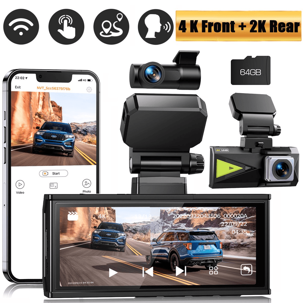 TOGUARD Dash Cam 4K with 5Ghz Wifi GPS, 4K+2K Dash Cam Front and Rear 3.16” Touch Screen Dual Sony Night Vision Car Camera, Voice Commands, WDR, Type C, with 64GB Memory Card